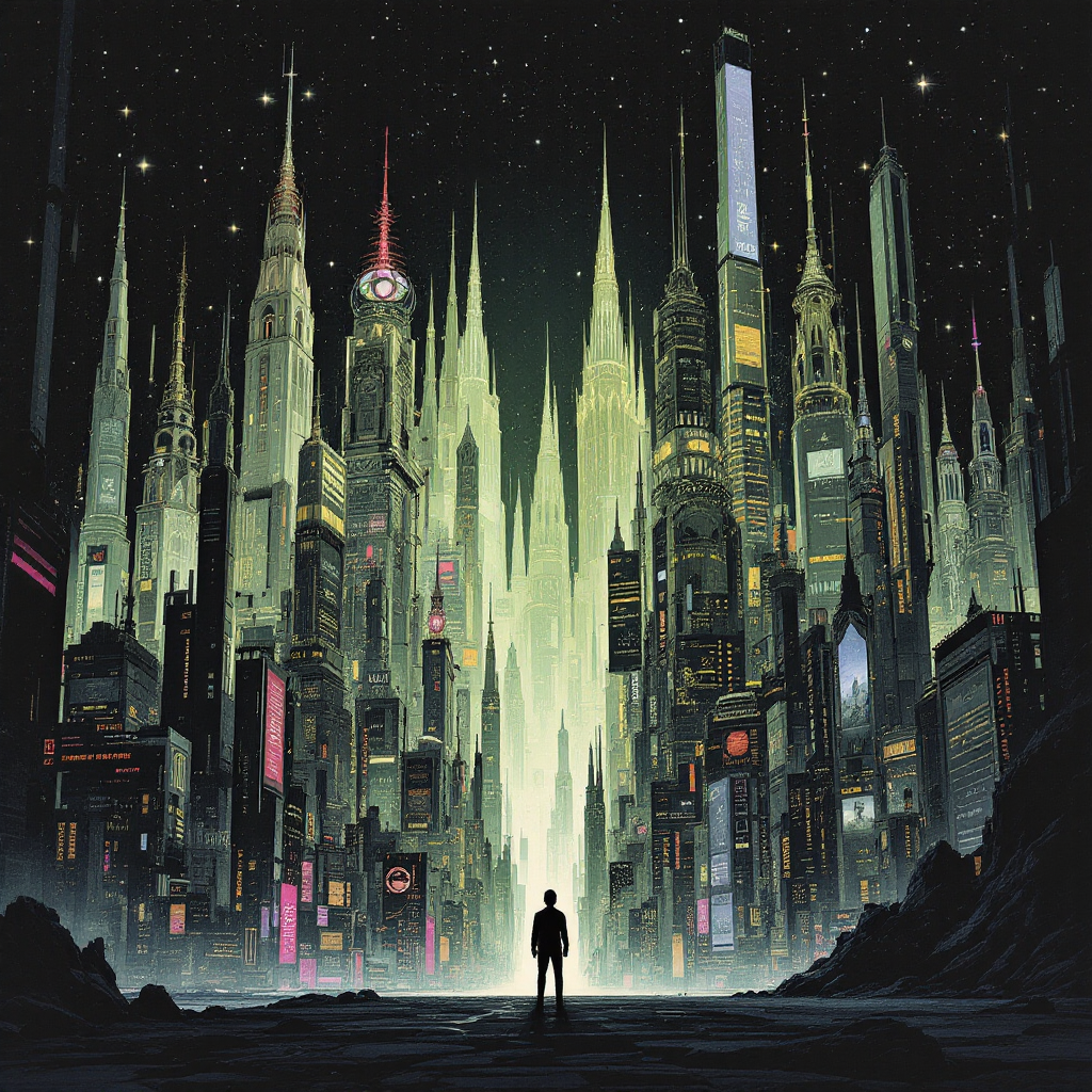 A lone figure stands in a dark landscape, gazing at towering, illuminated skyscrapers that pierce the night sky, embodying the concept of a grim, infinite life.