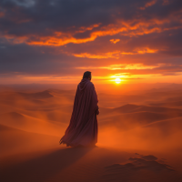 A figure in a flowing cloak stands on a desert dune at sunset, embodying the essence of the quote: He who controls the spice controls the universe, with the vast landscape stretching out behind.