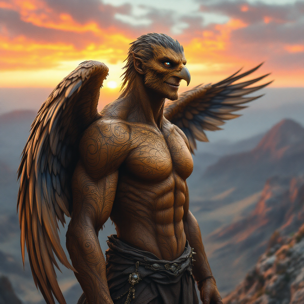 A muscular, anthropomorphic griffin stands triumphantly against a sunset backdrop, embodying the idea of transcending one’s origins and embracing individuality.