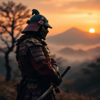 A samurai in ornate armor stands contemplatively against a sunset, embodying the quote Even strength must bow to wisdom sometimes, with mountains and trees framing the tranquil scene.