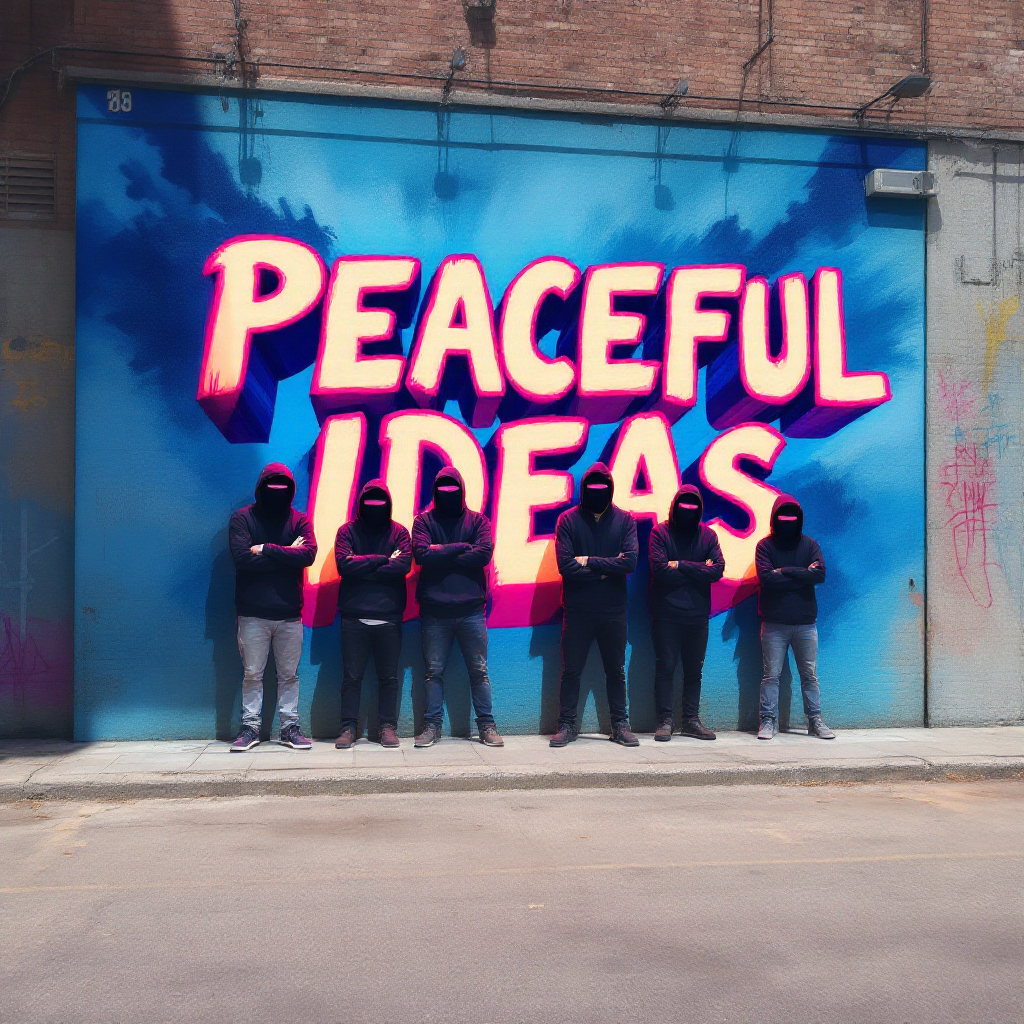 A group of hooded figures stands against a vibrant mural that boldly reads PEACEFUL IDEAS, reflecting the tension between ideals and reality.