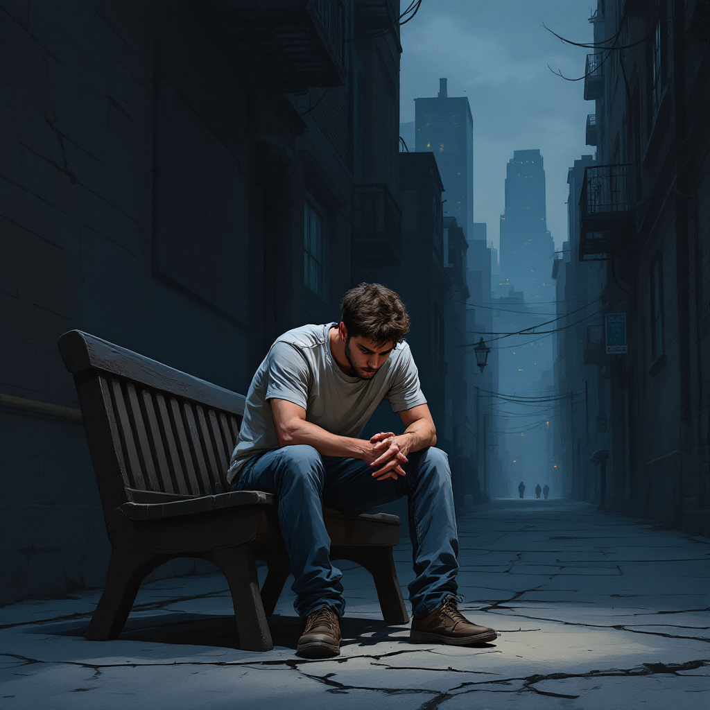 A young man sits on a bench in a dimly lit alley, his head bowed and hands clasped in front of him, embodying a sense of longing for normalcy amidst feelings of restriction.