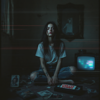 A girl sits on a dirty floor surrounded by scattered photographs and a vintage TV, embodying the quote about freedom found in loss, amidst a dim, haunting atmosphere.