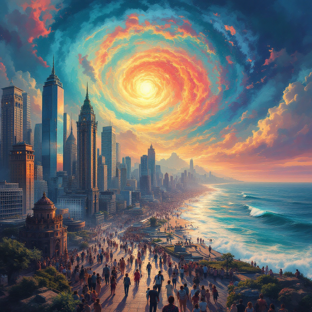 A vibrant skyline merges with a swirling, colorful sky above a bustling beach, reflecting the tumult of human emotions amidst urban chaos.