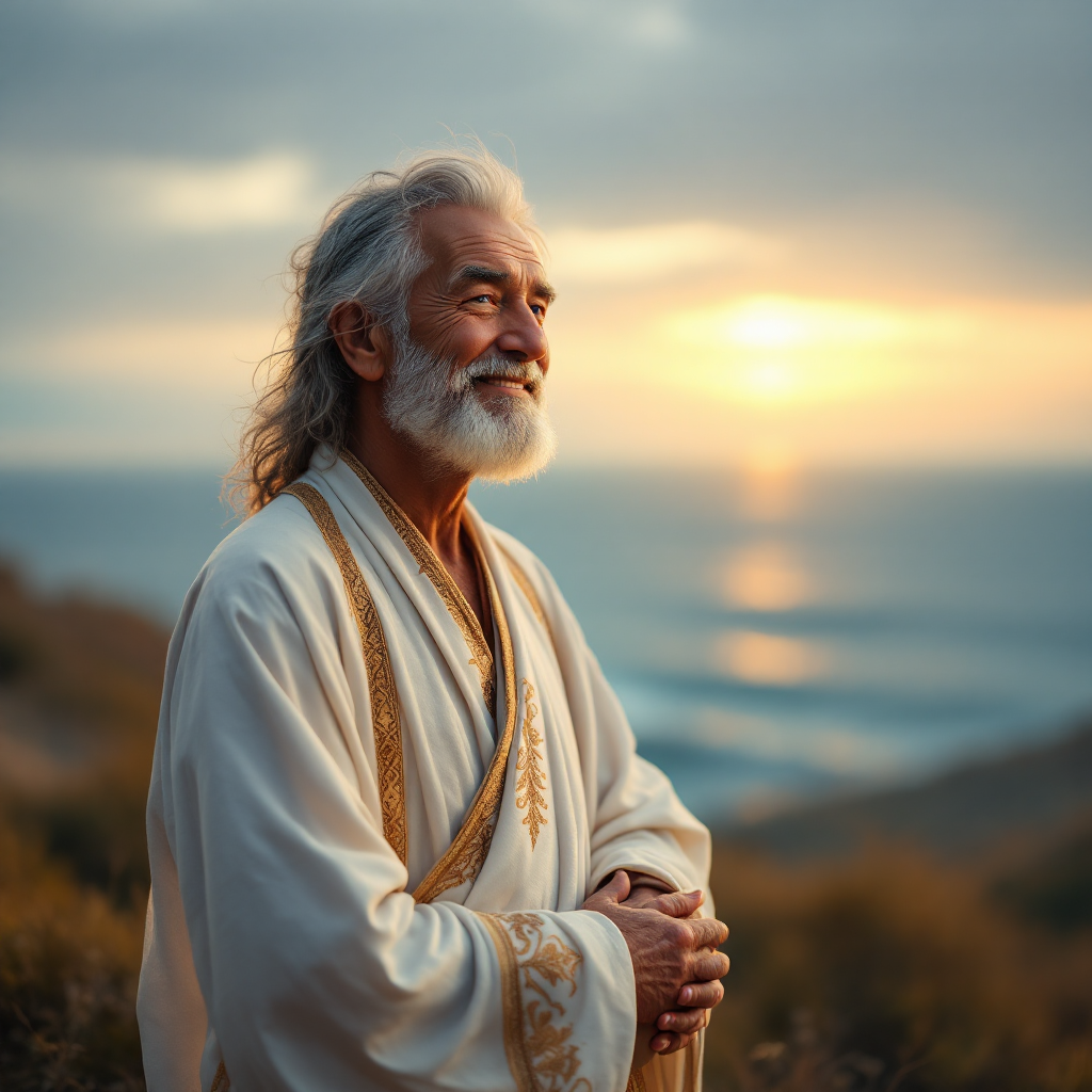 A wise elder stands peacefully against a sunset, embodying the essence of actions over words, reflecting on the profound impact of deeds in defining one's character.