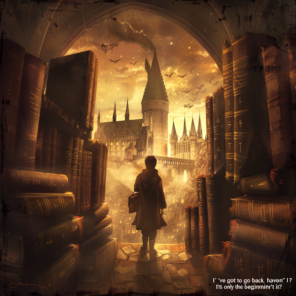 A cloaked figure stands in a library's archway, facing a towering castle bathed in warm light. The quote I've got to go back, haven't I? It’s only the beginning, isn’t it? is in the bottom right corner.