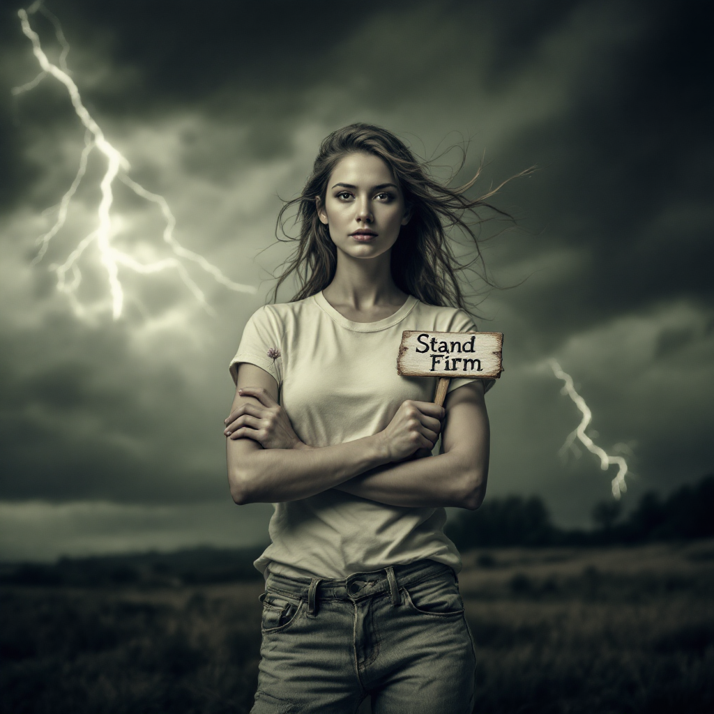 A determined woman stands firm in a stormy landscape, holding a sign that reads Stand Firm, embodying the courage to uphold what is right amidst chaos.