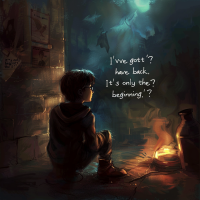 A young boy sits near a small fire in a dimly lit room, contemplating. The quote, I've got to go back, haven't I? It’s only the beginning, isn’t it? is written in the glowing light above him.