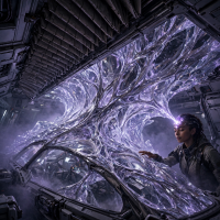 A large, bioluminescent crystalline structure with smoky lavender glow and shifting facets fills a ship's bay, blending glass, metal, jewel, and liquid qualities organically.