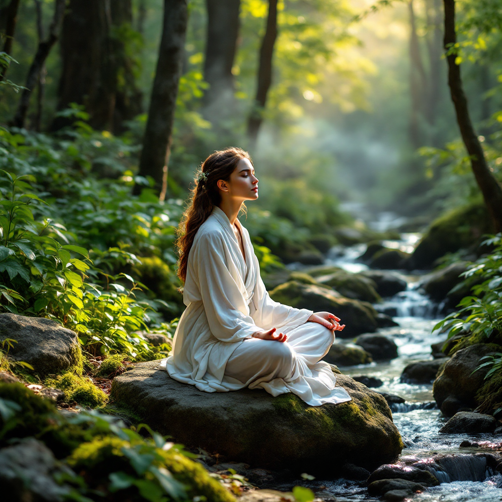 A serene woman meditates on a rock by a tranquil stream, surrounded by lush greenery and dappled sunlight, embodying inner strength and self-reflection from the quote.