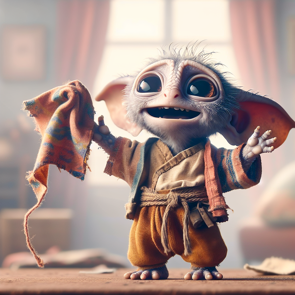 A joyful, wide-eyed creature resembling a house-elf stands up, holding a sock triumphantly in one hand. The image was inspired by the quote, Dobby is free.