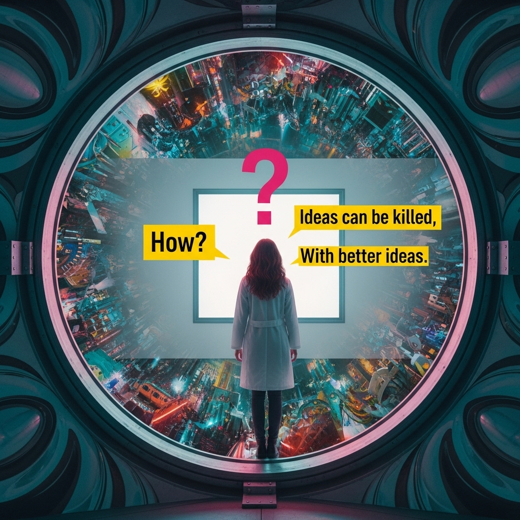 A person in a futuristic suit steps through a circular airlock, facing a vibrant cityscape with the text, Ideas can be killed. How? With better ideas. floating above.