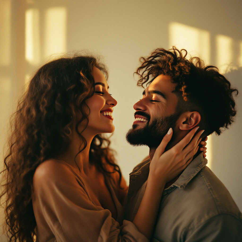 A couple shares a joyful moment, their faces illuminated by soft light. This image reflects the essence of kindred spirits, rare yet profound, echoing the sentiment of true love.