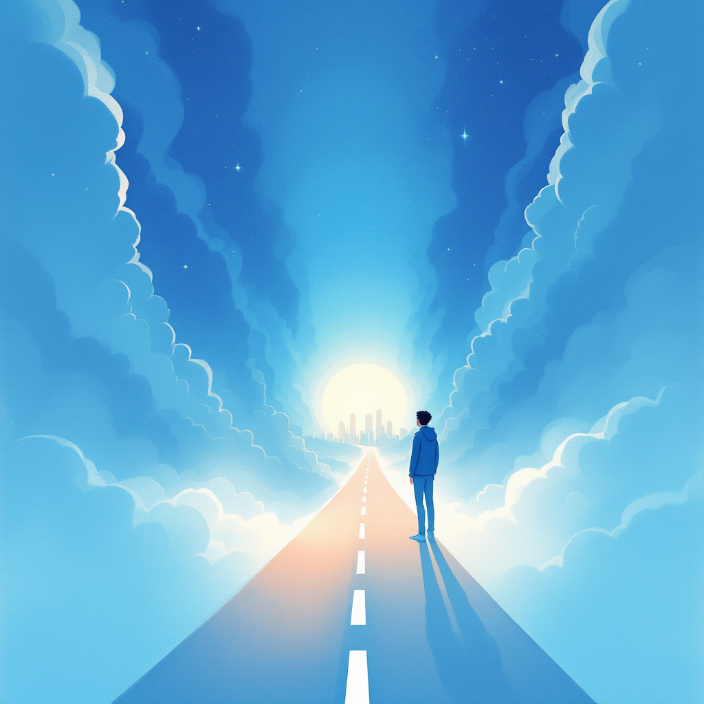 A figure stands on a wide road leading towards a bright horizon, surrounded by clouds, symbolizing the untold stories and potential of each person's life.