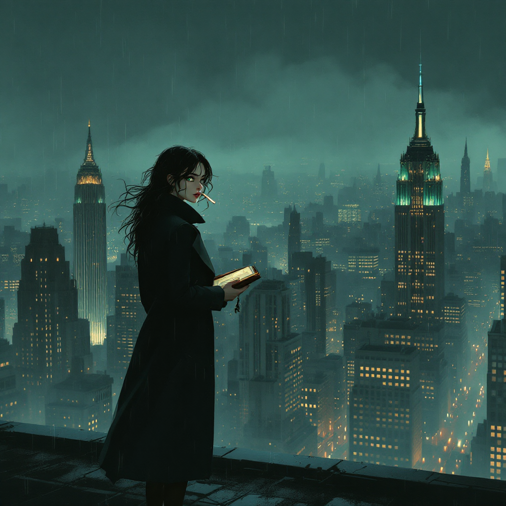 A figure in a dark coat stands on a rooftop, holding a book and smoking. The city skyline glows under rain-soaked clouds, embodying the quote about rebellion intertwined with love.