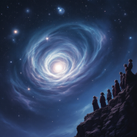 A group of silhouetted figures stands on a rocky outcrop, gazing up at a swirling cosmic vortex, embodying the tension between chaos and the mystery of the universe.