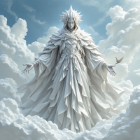 A majestic figure clothed in intricately layered white robes stands amidst fluffy clouds, embodying resilience and strength against a serene blue sky.