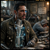 A man with mechanical arms and a cybernetic torso sits among tools and parts, embodying his transformation from human to cyborg, a blend of flesh and machine.