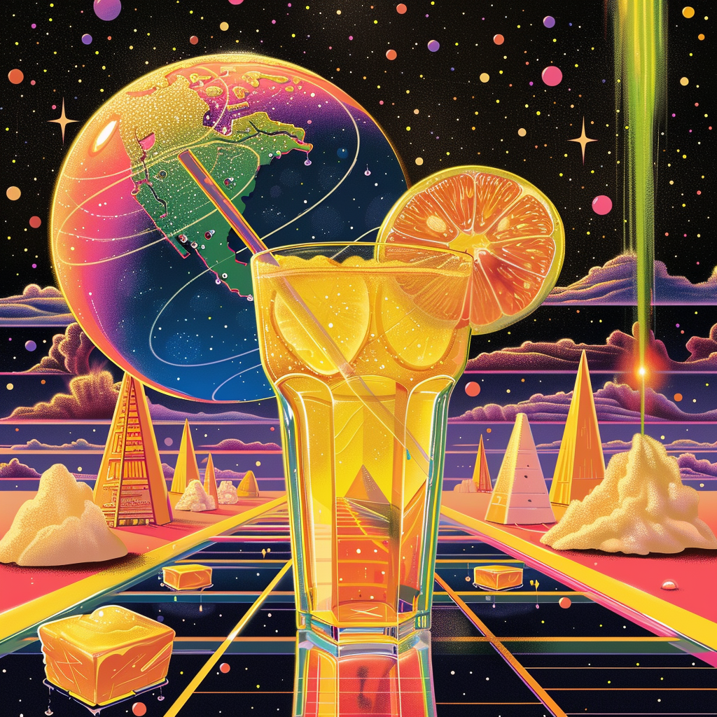 A vibrant illustration of a Pan Galactic Gargle Blaster in a glass with a slice of lemon, set in a surreal, colorful galaxy with gold bricks and geometric shapes in the background.