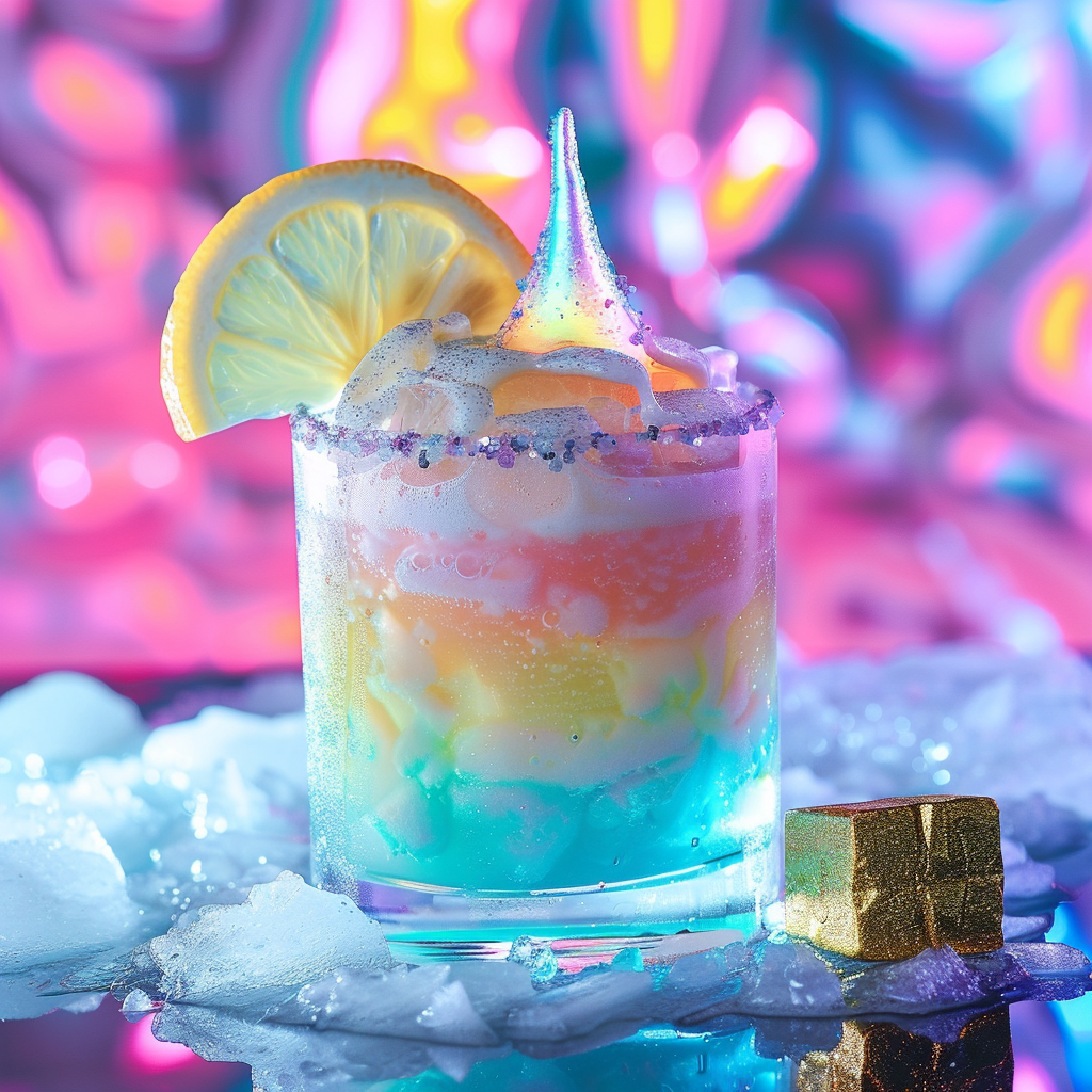 A vibrant drink with colorful layers, topped with a lemon slice, ice, and a gold brick on the side, capturing the chaotic essence of the Pan Galactic Gargle Blaster described in the book quote.