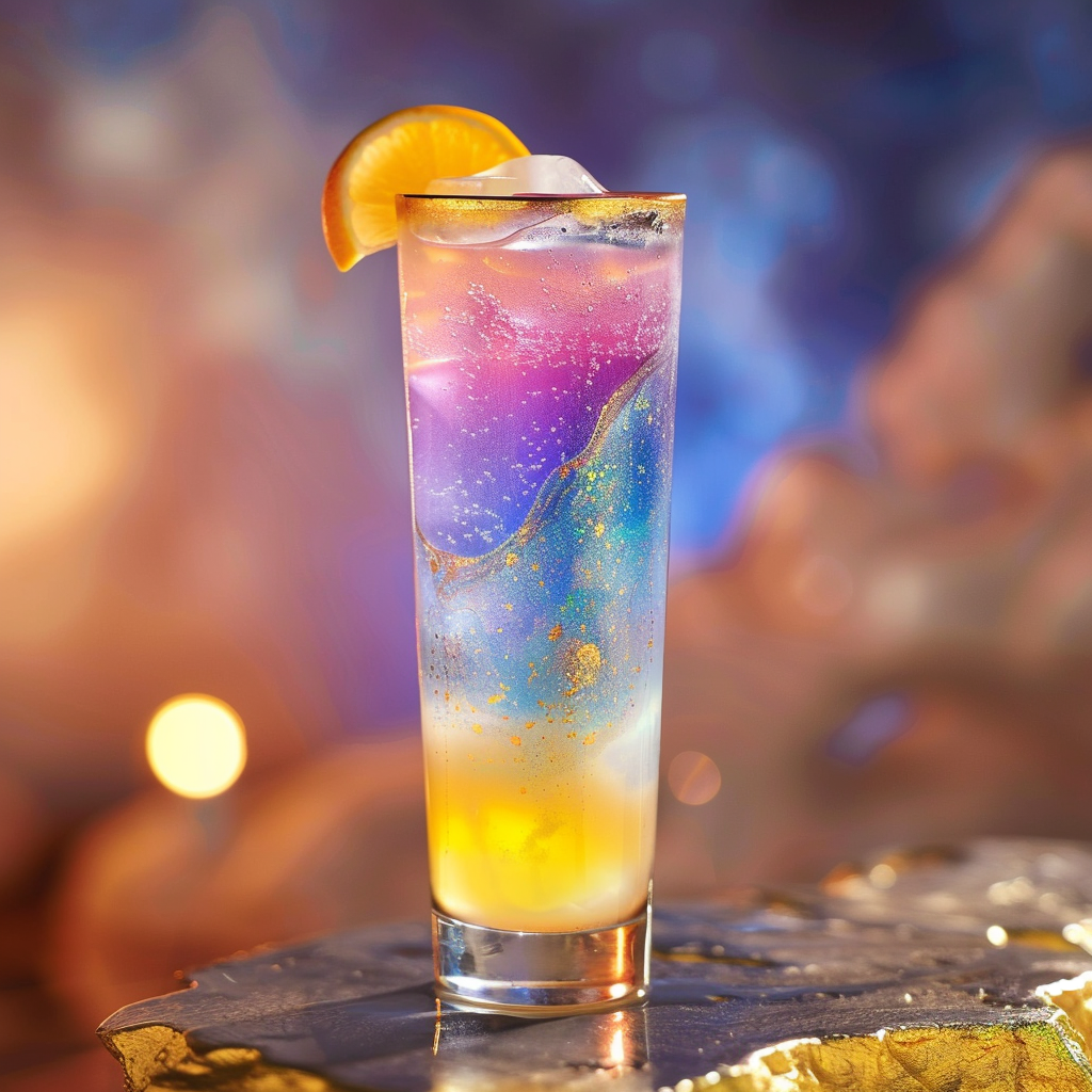 A vibrant drink resembling the Pan Galactic Gargle Blaster from The Hitchhiker's Guide to the Galaxy, with a gradient of colors from yellow to purple, garnished with an orange slice, atop a golden slab.