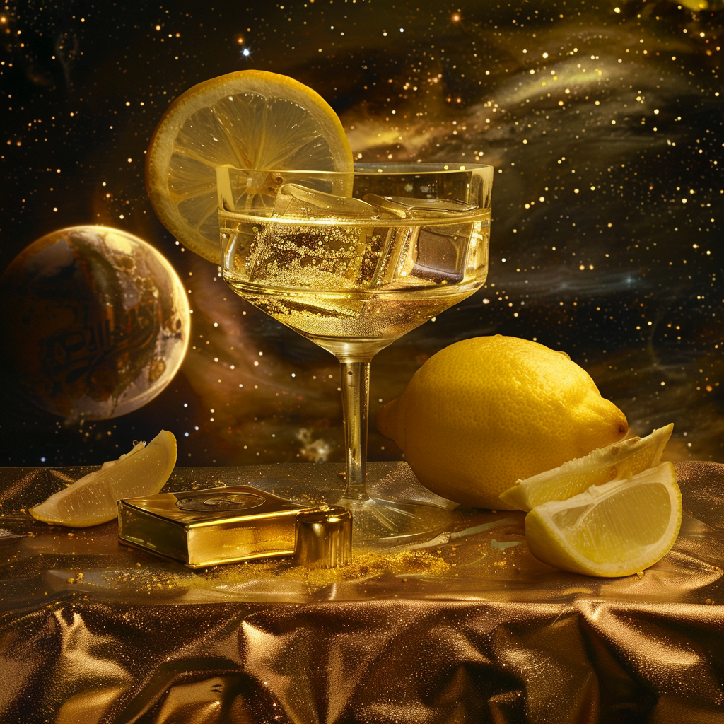 A galactic-themed drink garnished with lemon slices and surrounded by gold bricks and a floating lemon, evoking the effects of a Pan Galactic Gargle Blaster in a cosmic setting.