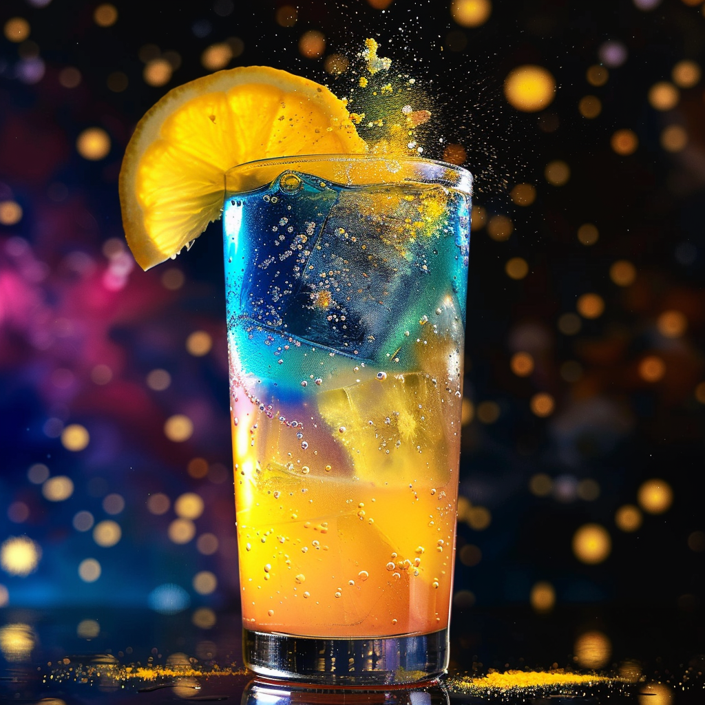 A vibrant cocktail with blue and yellow layers, garnished with a lemon slice, resembling the Pan Galactic Gargle Blaster described as having the effect of a brain-smashing lemon-wrapped gold brick.