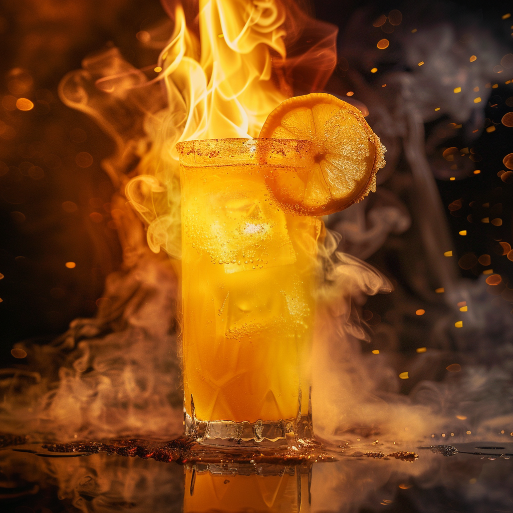 A fiery, smoking cocktail with an ice-filled glass, garnished with a lemon slice, visually representing the Pan Galactic Gargle Blaster from a book, evoking the feeling of brains smashed out by a lemon-wrapped brick.