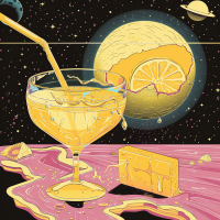 An artistic depiction of a Pan Galactic Gargle Blaster shows a cocktail in a glass with a straw, a lemon, and a large gold brick, set against a cosmic background with planets.