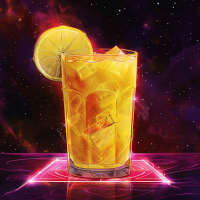 A vibrant yellow cocktail garnished with a lemon slice sits on a futuristic neon surface against a starry galaxy. The scene evokes the Pan Galactic Gargle Blaster, described as having a brain-smashing effect.