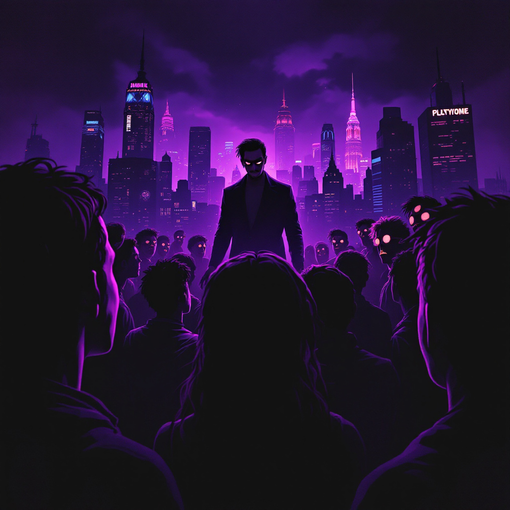 A shadowy figure stands confidently before a crowd in a neon-lit cityscape, embodying the quote on the allure of lies and the fears that drive belief.