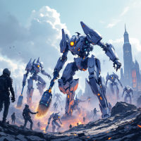 A dystopian scene depicts towering mechs amidst a devastated landscape, hinting at a struggle for survival inspired by the quote about erasure rather than domination.