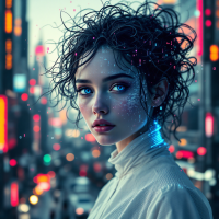 A young woman with tousled hair and striking blue eyes gazes intently at the viewer, surrounded by a vibrant, neon-lit cityscape, embodying themes of identity and morality in the digital age.