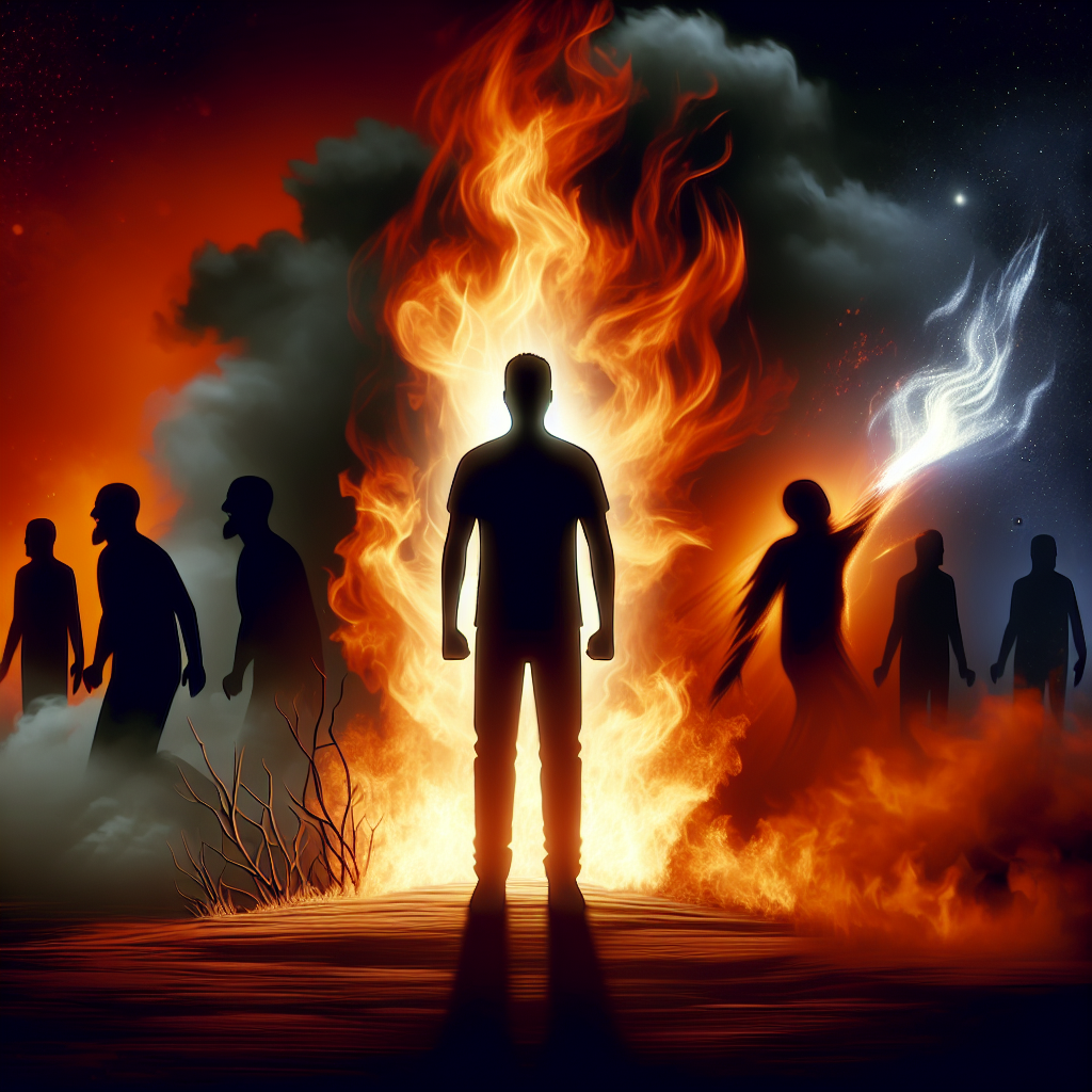 A silhouette stands defiantly in front of a roaring fire, surrounded by shadowy figures and dramatic, swirling clouds, illustrating the theme of loyalty and sacrifice from the book quote.