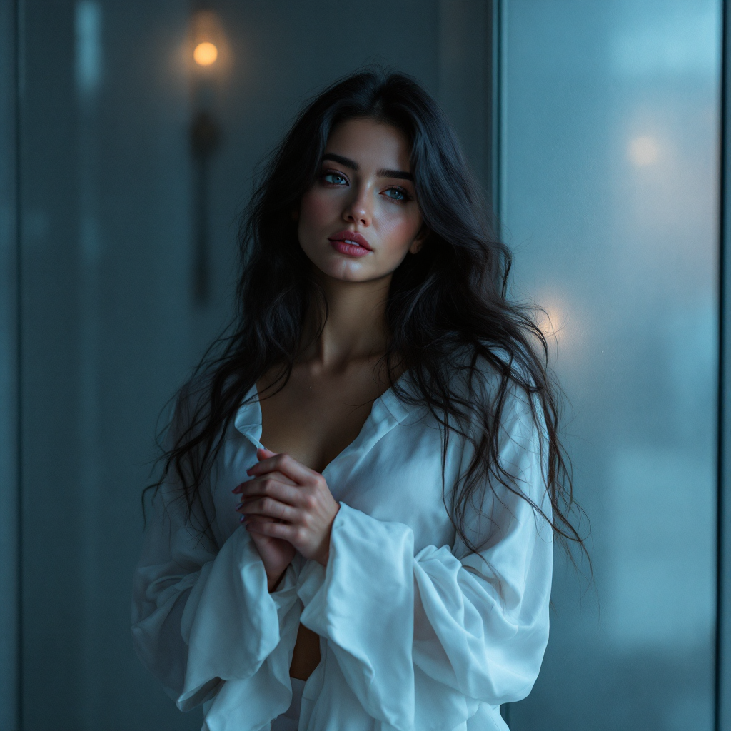 A young woman with long, dark hair stands thoughtfully in a softly lit room, wearing a flowing white blouse, embodying themes of identity and self-definition.