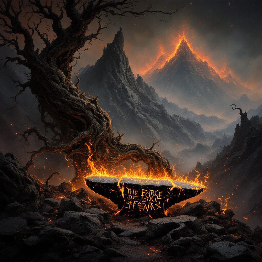 A dark, mountainous landscape with a glowing forge at its center, surrounded by twisted trees. The atmosphere conveys a sense of fear and contemplation, reflecting the power of the mind.