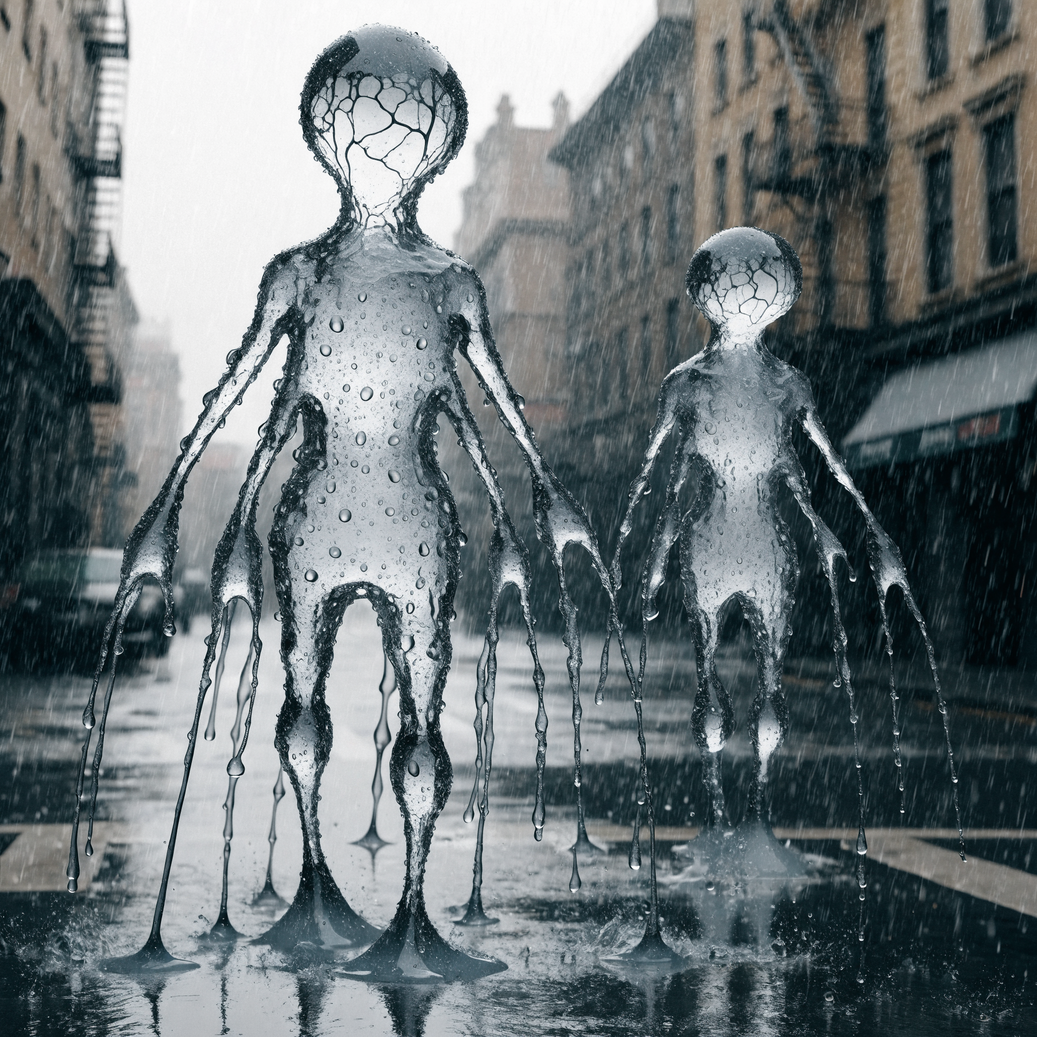 Two tall, svelte creatures with smooth, oily, gelatinous skin and numerous limbs, topped by large faceless droplets veined like mucus, stand in a misty urban street.