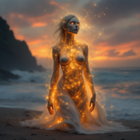 A luminous figure kneels on a beach at sunset, glowing with ethereal energy, embodying the transformative impact of life and death as suggested by the quote.