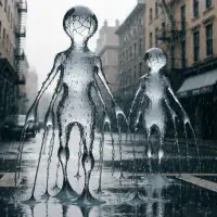 Two tall, svelte creatures with smooth, oily, gelatinous skin and numerous limbs, topped by large faceless droplets veined like mucus, stand in a misty urban street.