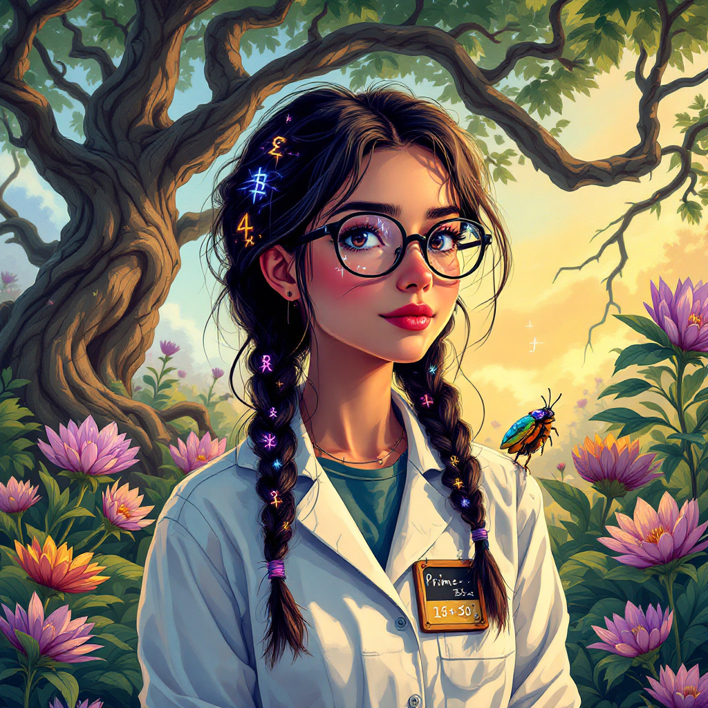 A young woman in glasses, wearing a lab coat, stands amid vibrant flowers under a sprawling tree, embodying a love for math and science, reflecting on life and prime numbers.