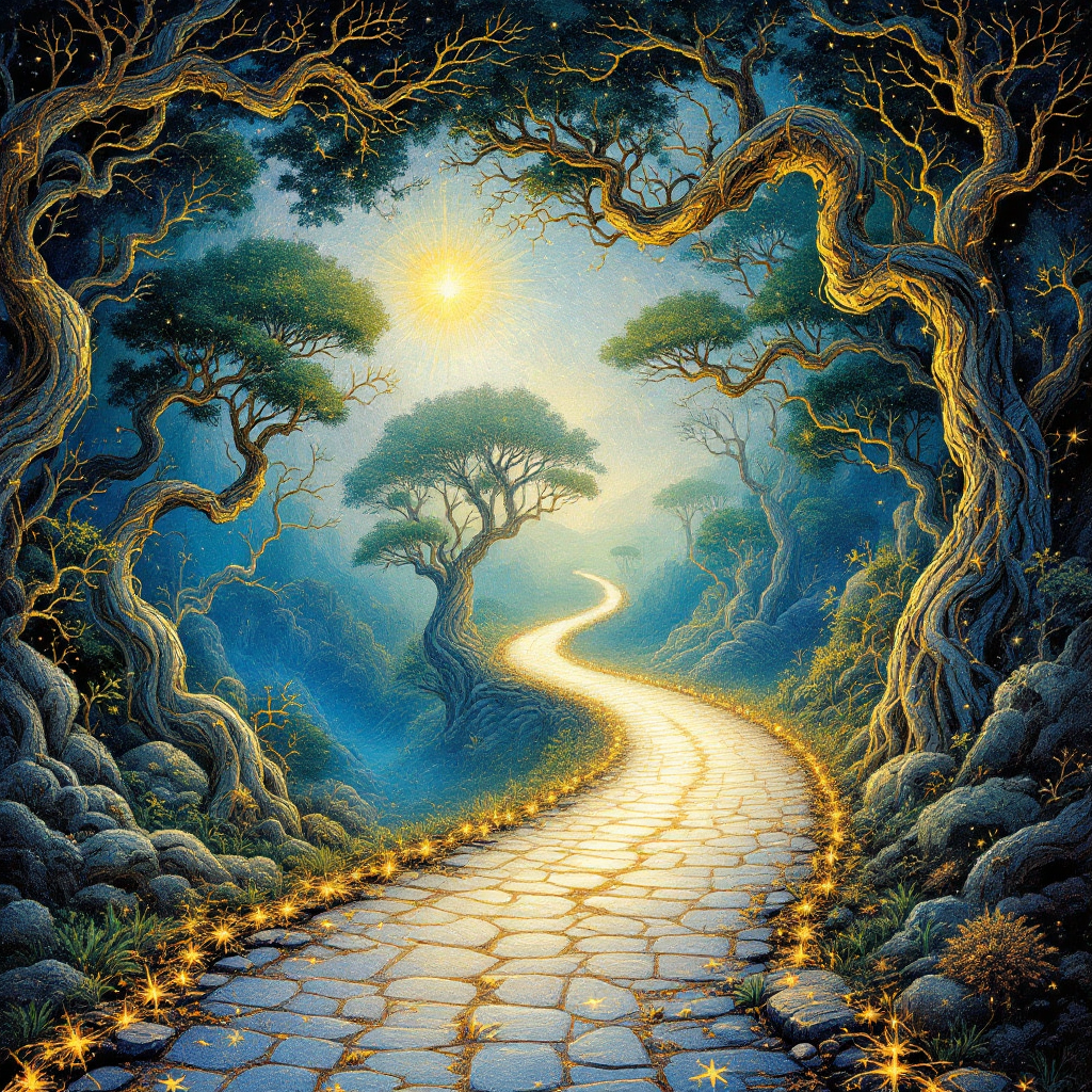 A winding, illuminated path stretches through a mystical forest, framed by ancient trees and glowing stars, embodying the promise of adventure and journey.