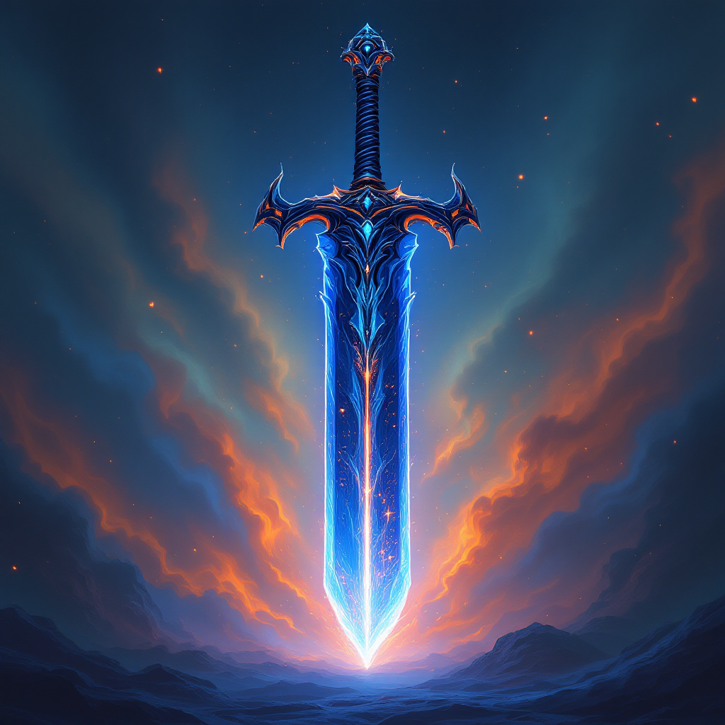 An illuminated sword stands upright against a vibrant, swirling backdrop of orange and blue, symbolizing the power of the word as something greater than the strength of many men.