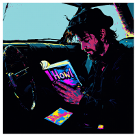 A man in a car holds a book titled Howl, focused on his reading. The vibrant, stylized colors enhance the scene, evoking a sense of introspection and creativity.