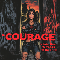 A confident woman in a leather jacket stands in a graffiti-covered alley, with bold text declaring, The Courage is to Bear Witness to the Truth, set against a dramatic city backdrop.