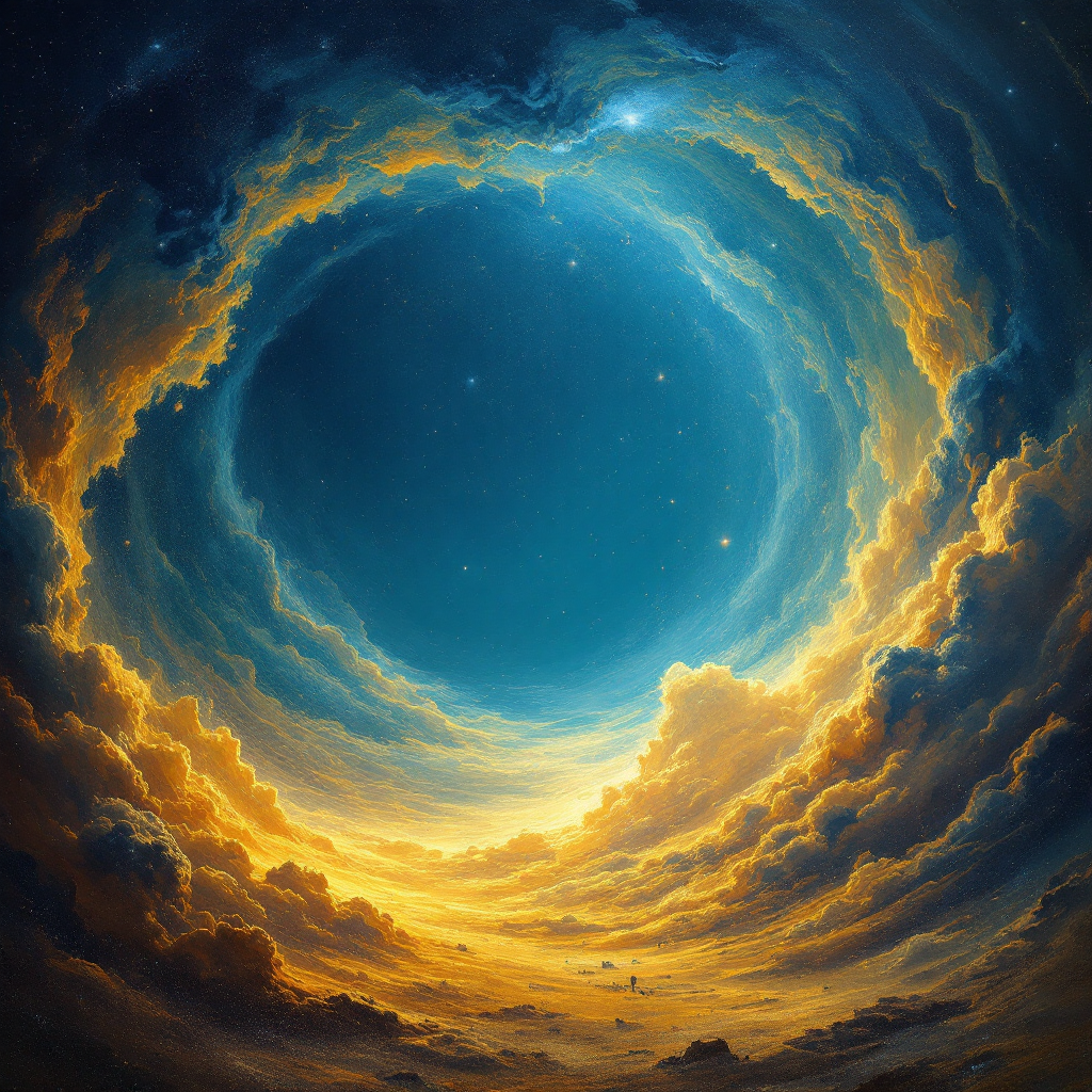 A swirling, luminous sky features a deep blue circular void surrounded by vibrant clouds, evoking the concept of unspace as the essence beneath the universe.