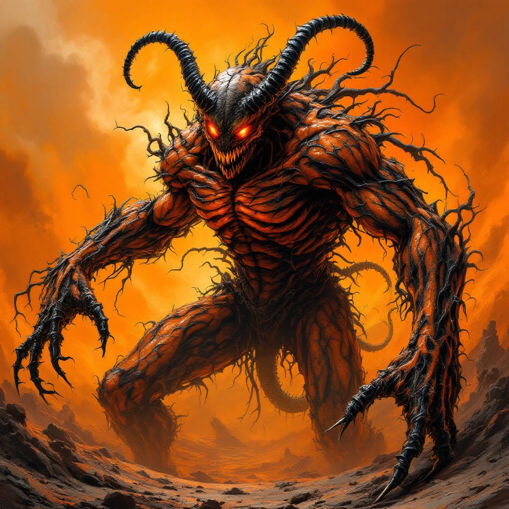 A monstrous figure with twisted limbs and glowing eyes emerges from a fiery, desolate landscape, embodying the quote about human places creating inhuman monsters.