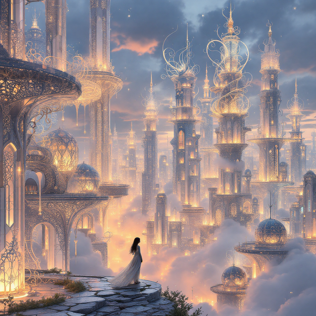 A serene, ethereal landscape with towering, illuminated castles rises above soft clouds, as a solitary figure stands on a rocky ledge, embracing their newfound identity.