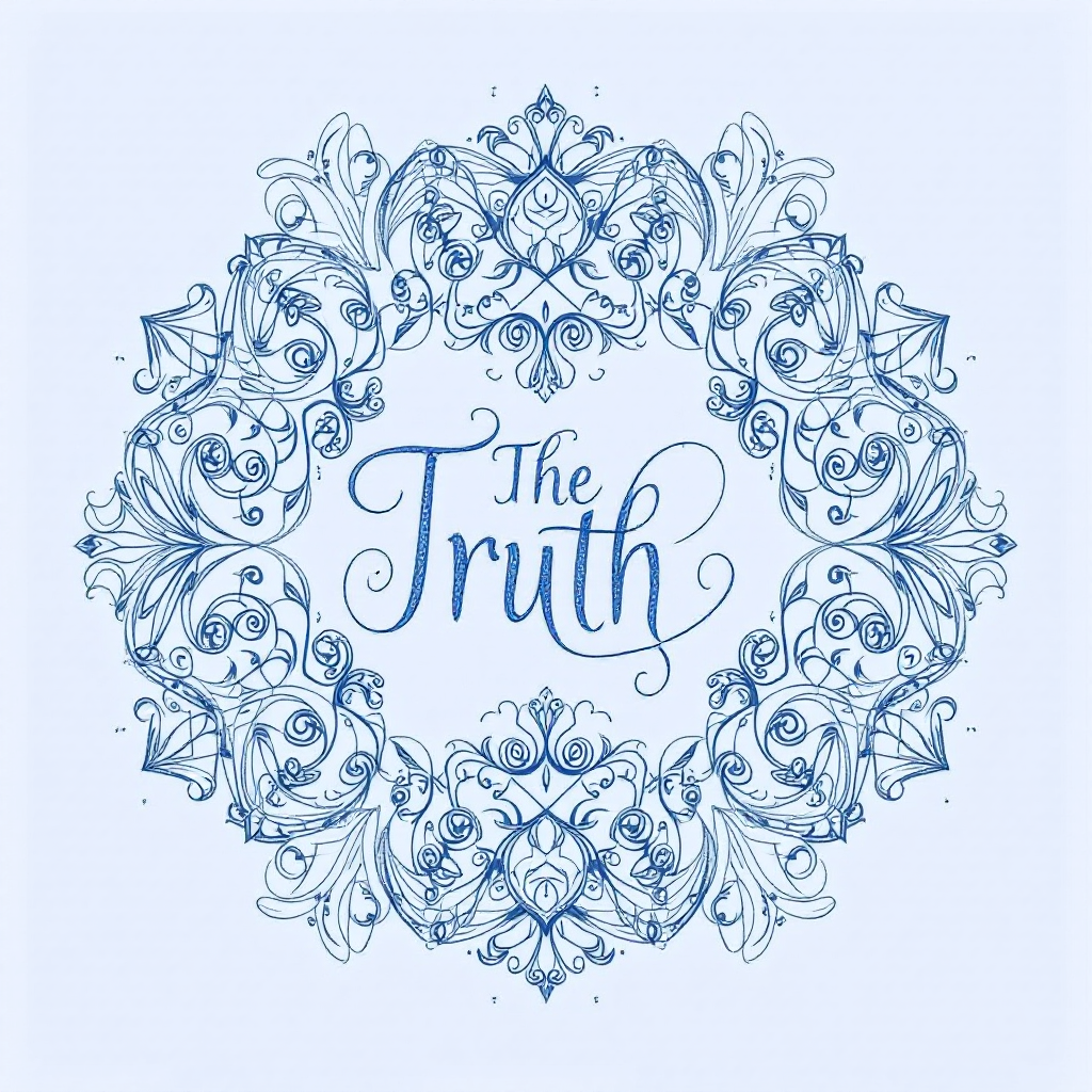 A decorative blue and white floral design encircles the elegantly scripted phrase The Truth, symbolizing the quest for understanding and clarity.