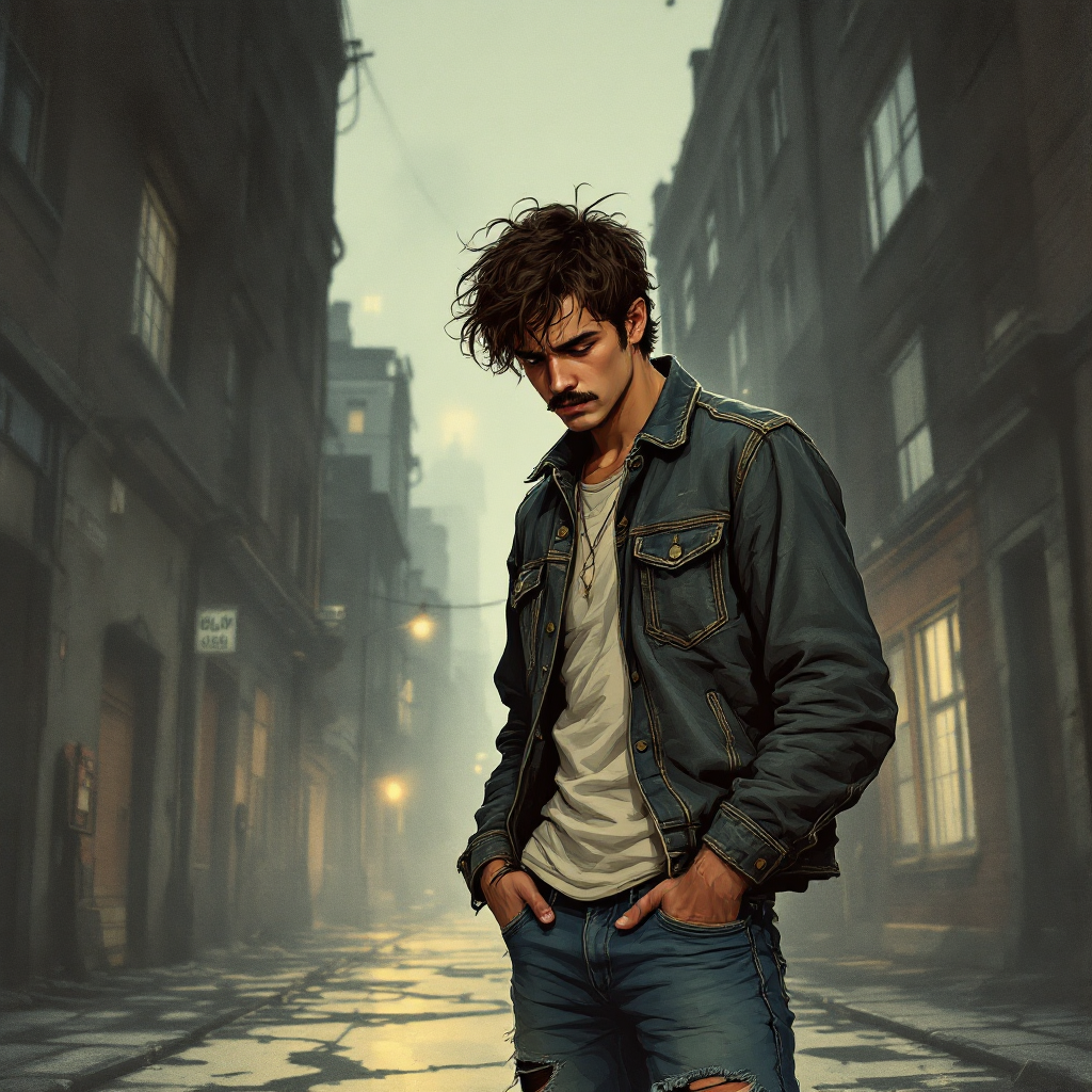 A brooding man with tousled hair and a mustache stands in a foggy alley, his hands in his pockets, reflecting the weight of vulnerability and the feeling of being misunderstood.