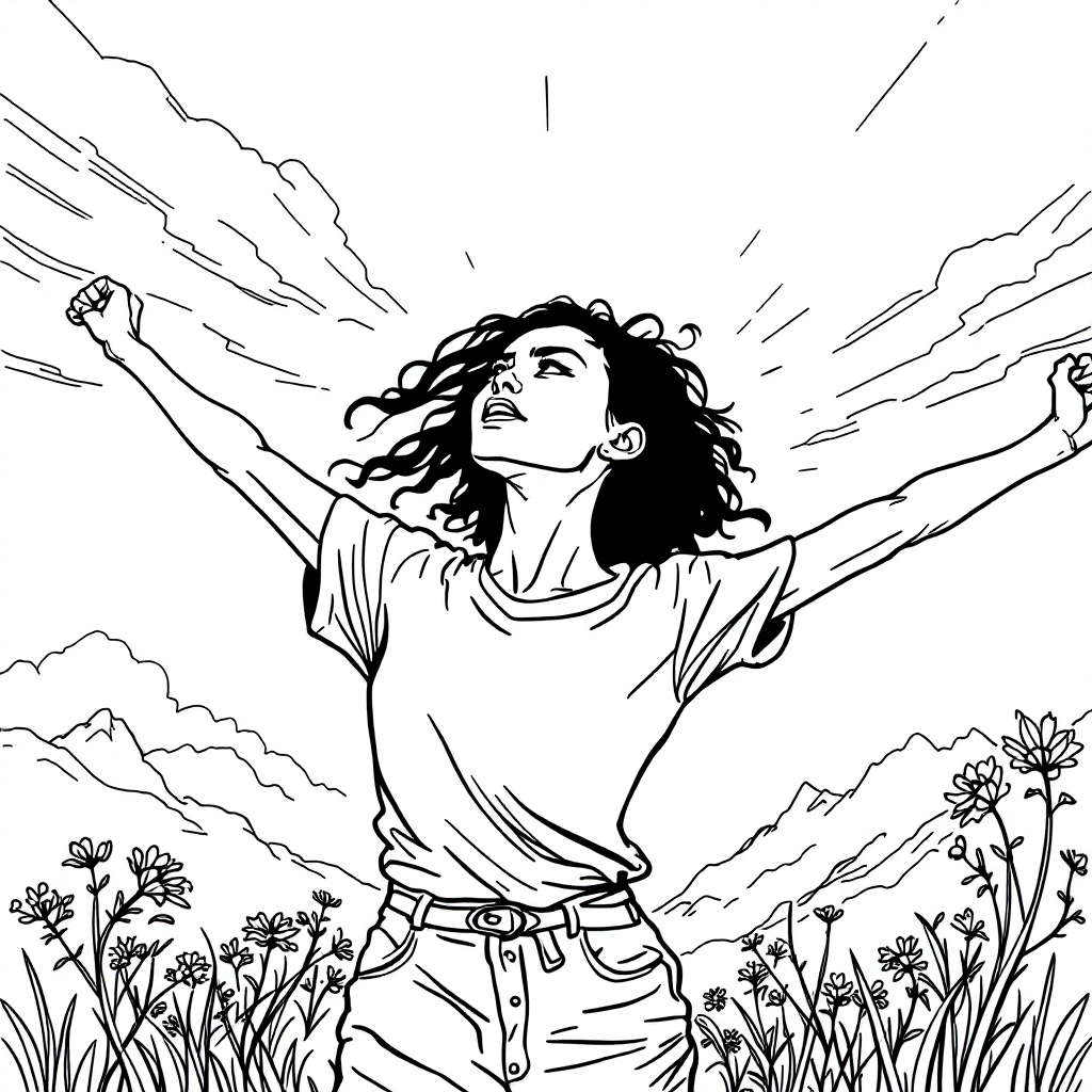 A woman with curly hair stands with arms outstretched in a field, her face uplifted as rays of light break through clouds, embodying resilience and belief in oneself.